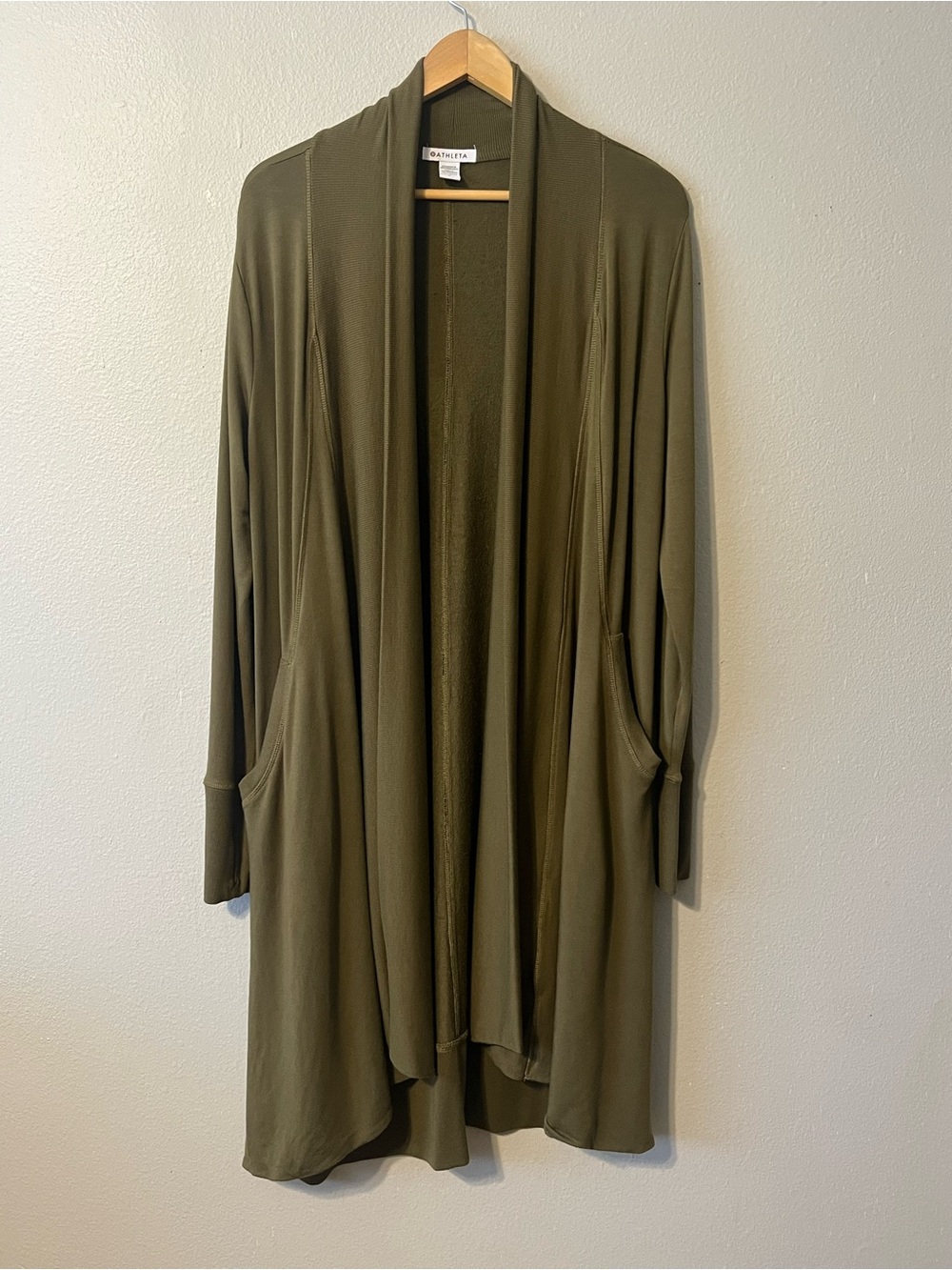 Athleta Pranayama Wrap open-front cardigan olive green size S ribbed sleeves